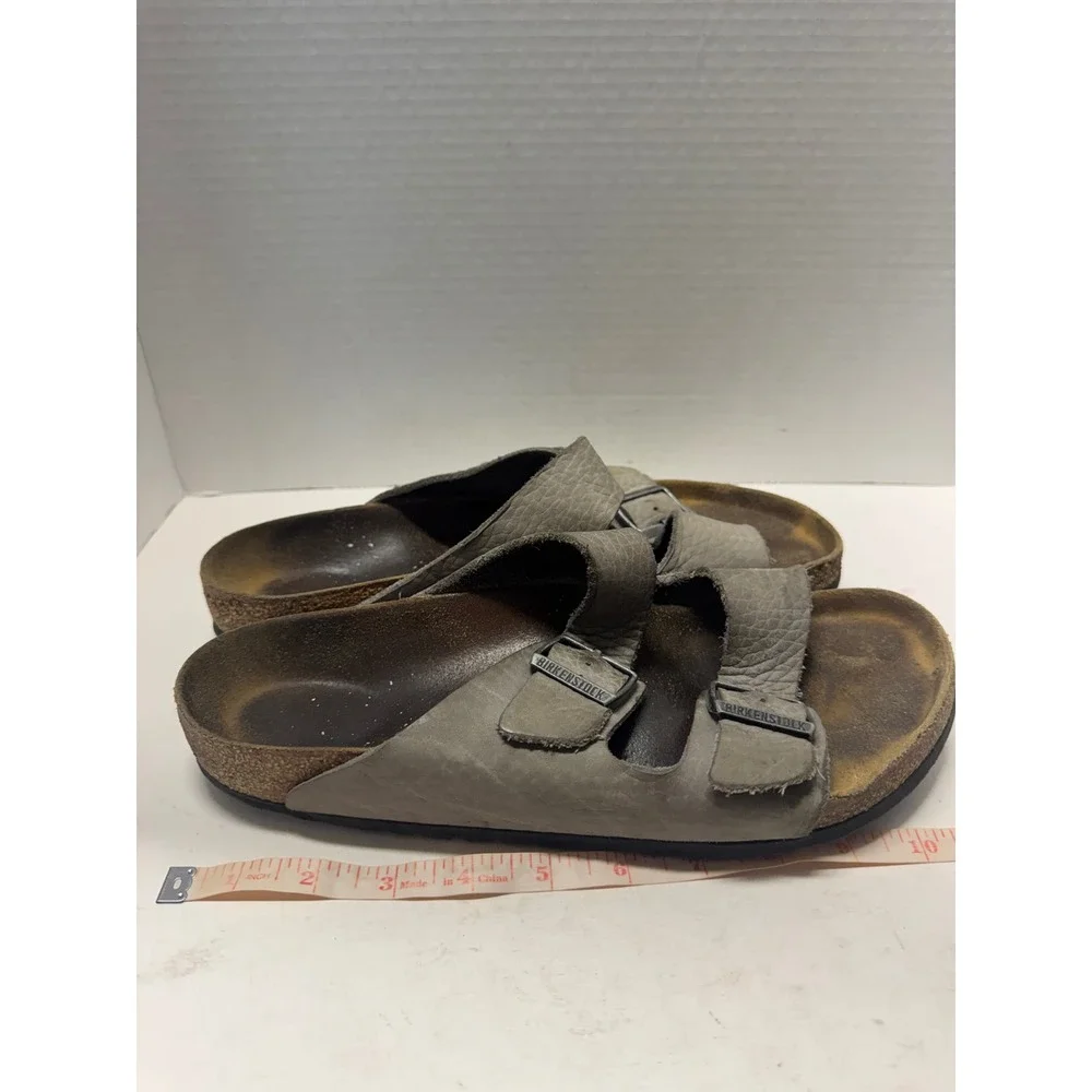 Birkenstock Arizona Grey Leather Two Strap Buckle Slide Sandals Mens 43 10